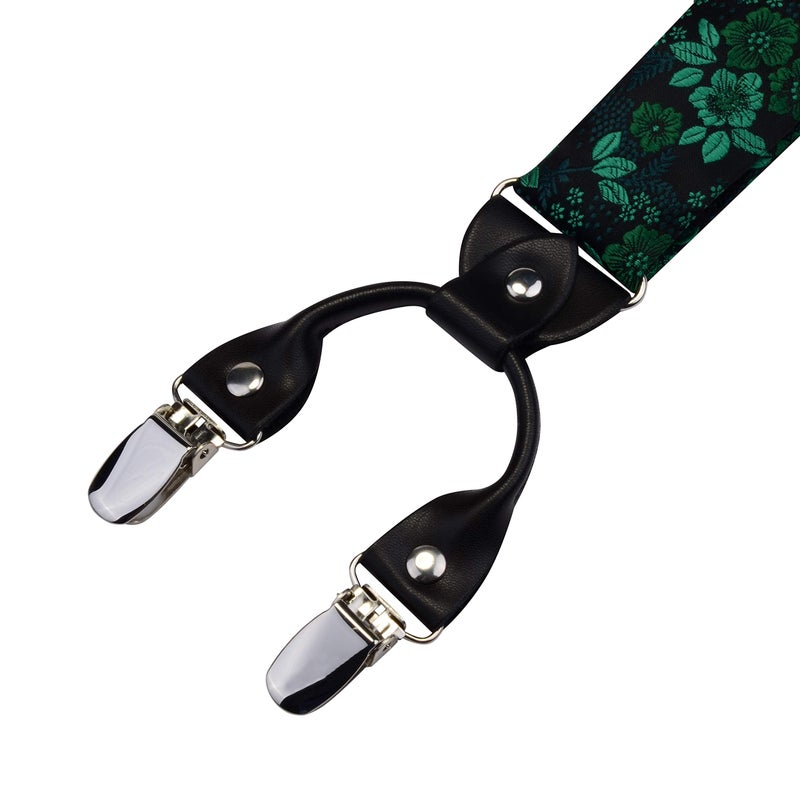 GUSLESON Mens Suspenders with Clips Green Flora Pre-Tied Adjustable Bow tie Pocket Square Set(0102-10) - Image 5